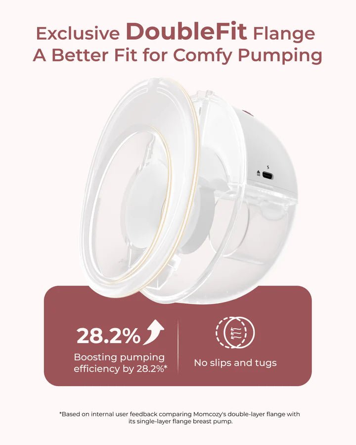 Momcozy M5 Smart Hands-Free Breast Pump double-layer flange highlighting soft comfortable breast shield design.