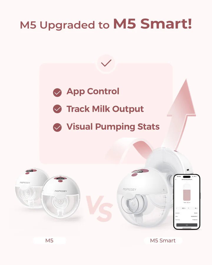 Comparison chart between Momcozy M5 and M5 Smart Hands-Free Breast Pumps with updated feature highlights.