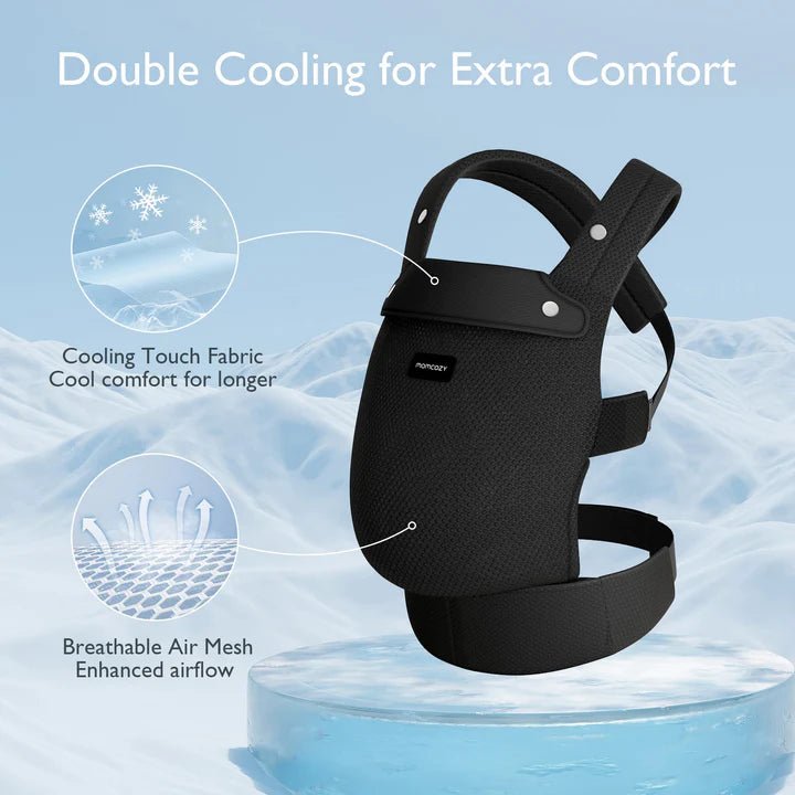 Momcozy Baby Carrier Newborn to Toddler - Black Cozy Outings -  Black baby carrier with cooling features on a blue background