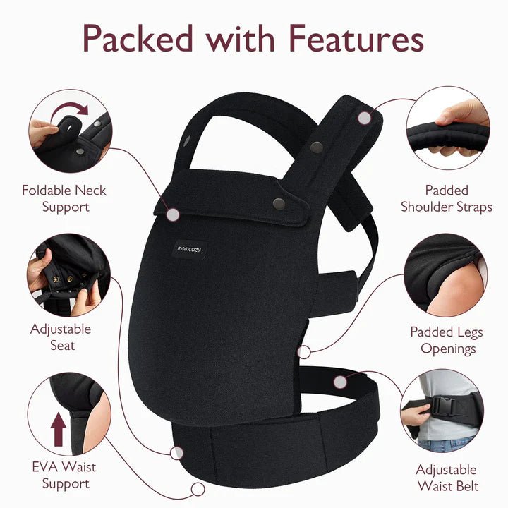 Momcozy black baby carrier highlighting ergonomic design, breathable fabric, adjustable fit, and infant support features