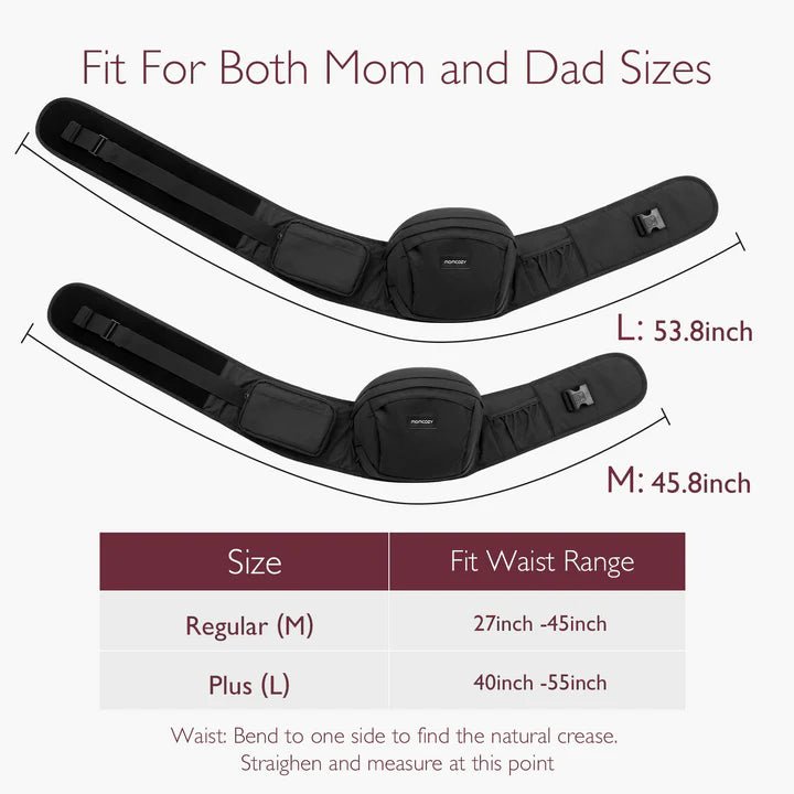 Momcozy Baby Wander360 Hip Seat Carrier - Black Cozy Outings - Black waist support belt with size chart on a white background