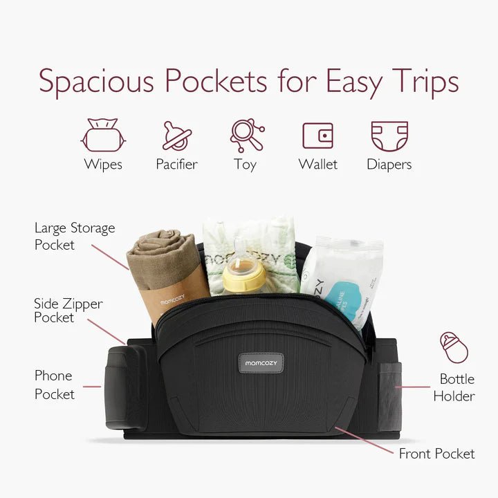 Momcozy Wander360 Hip Seat Carrier featuring multiple storage compartments for diapers, wipes, and baby essentials