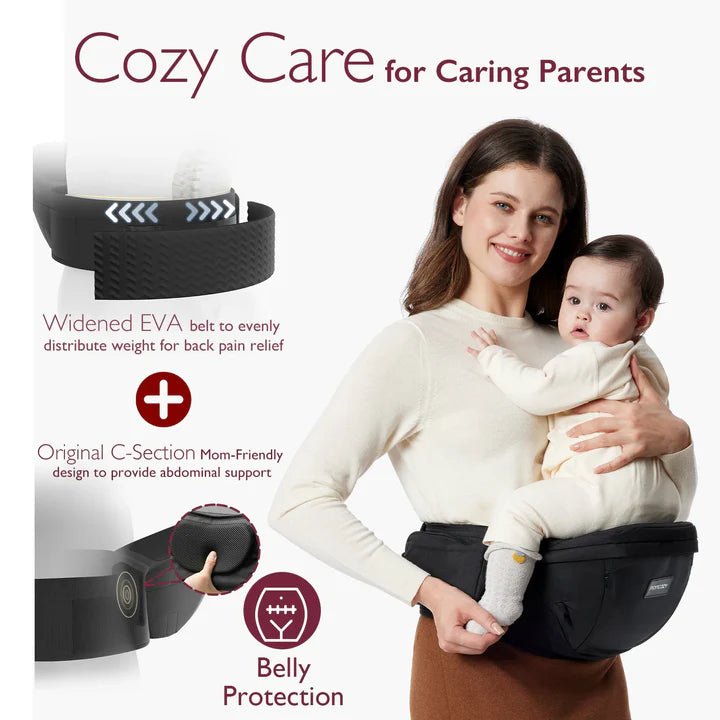 Momcozy Wander360 Hip Seat Carrier with product packaging designed for comfortable and convenient daily baby carrying