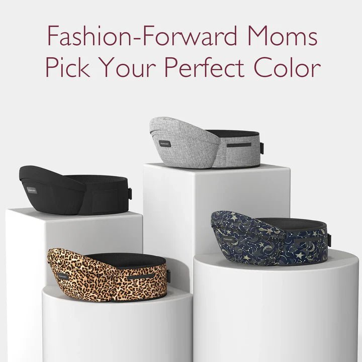 Momcozy Wander360 Hip Seat Carrier available in multiple colors with ergonomic waist support for everyday outings