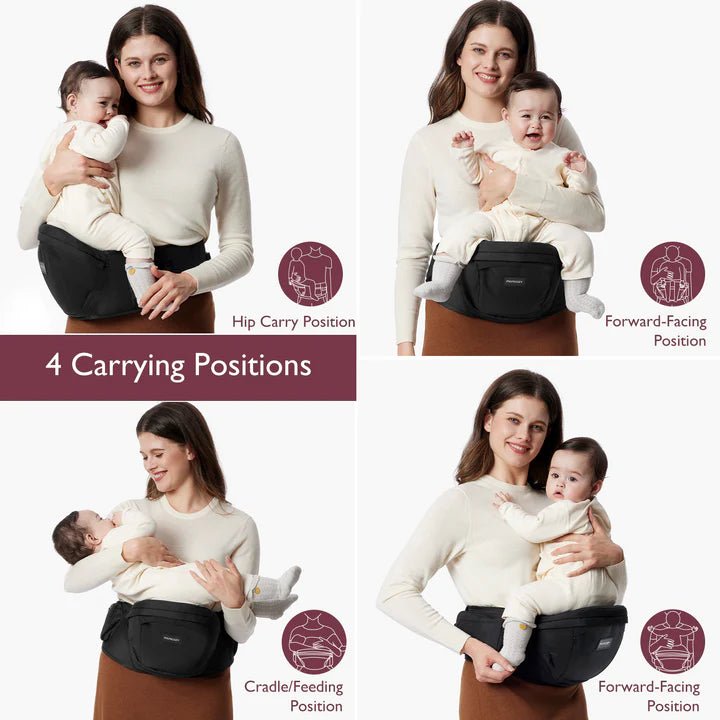 Momcozy Baby Wander360 Hip Seat Carrier - Black Cozy Outings - Woman demonstrating four baby carrier positions with a baby.