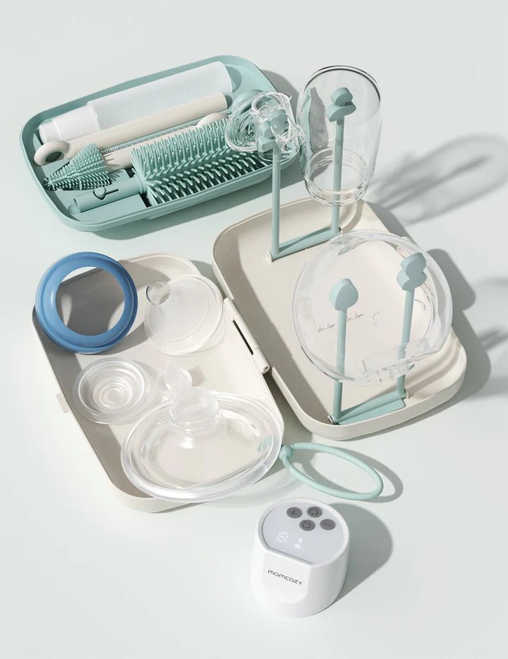 Momcozy Bottle Brush Set with travel case, drying rack, and cleaning tools for baby bottles, nipples, and pump parts.