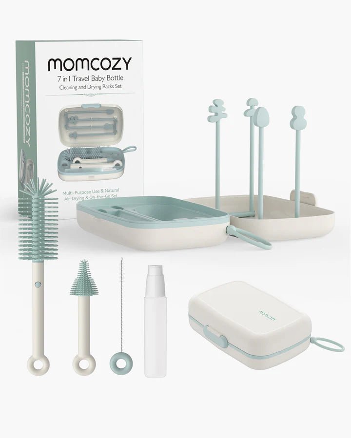 Momcozy 7-in-1 travel baby bottle brush set with drying rack, storage case, and cleaning accessories on white background.