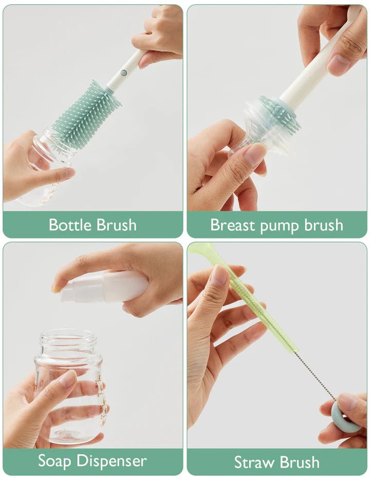 Momcozy 7-in-1 bottle brush cleaning set with brushes for baby bottles, straws, breast pumps, and feeding accessories.