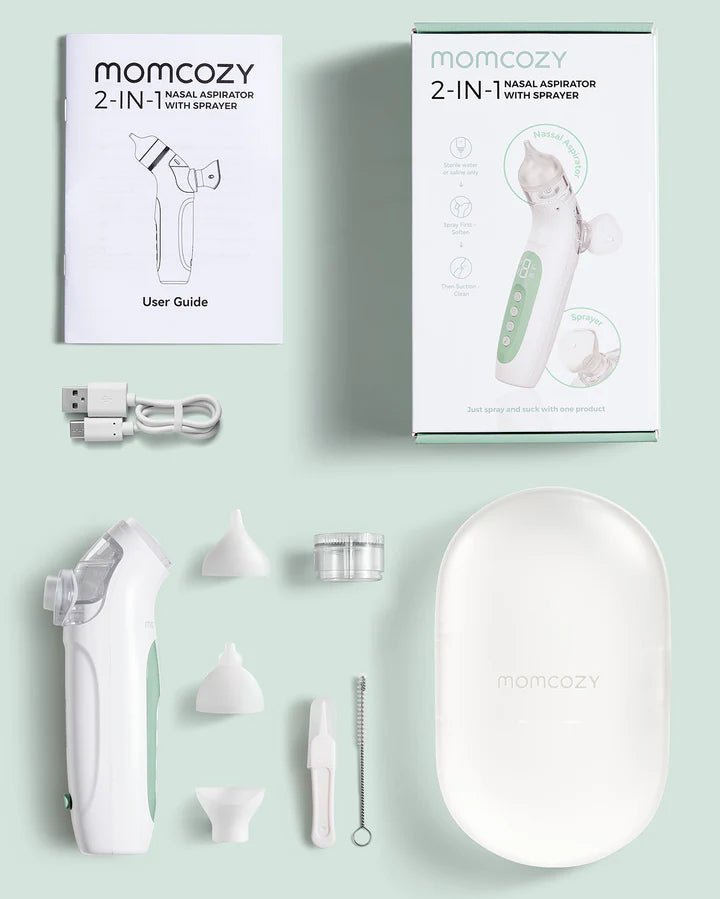 Momcozy BreezyClear 2-in-1 Spray & Suction Electric Nasal Aspirator with accessories and retail packaging