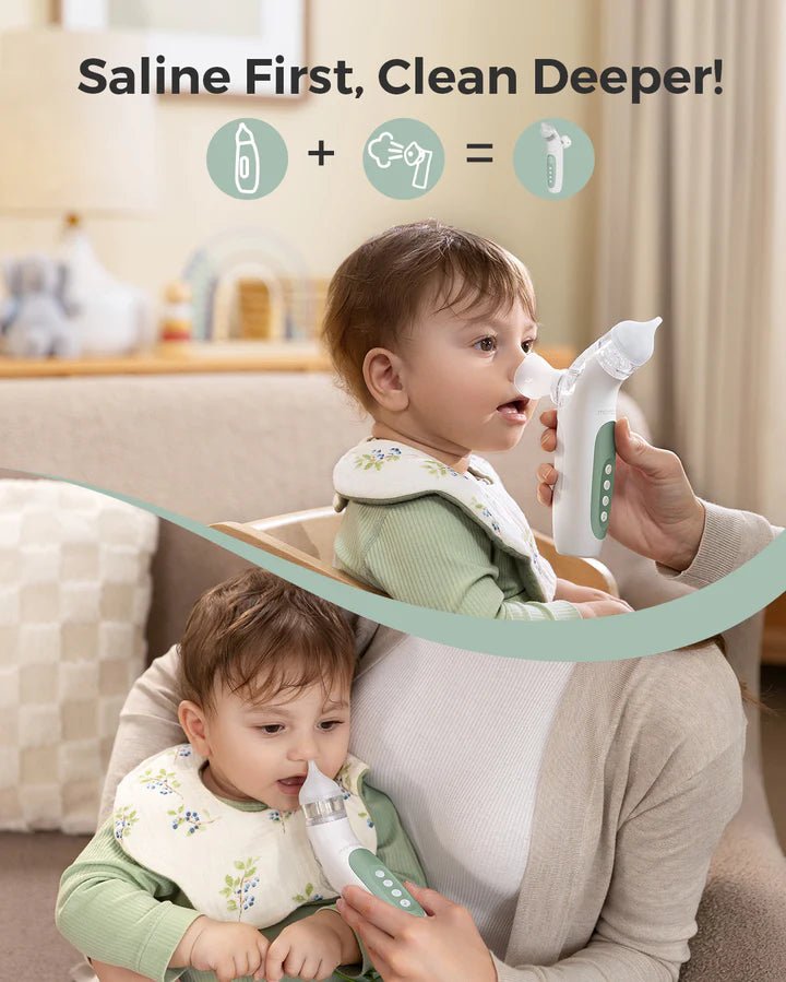Parent using Momcozy BreezyClear 2-in-1 electric nasal aspirator on baby