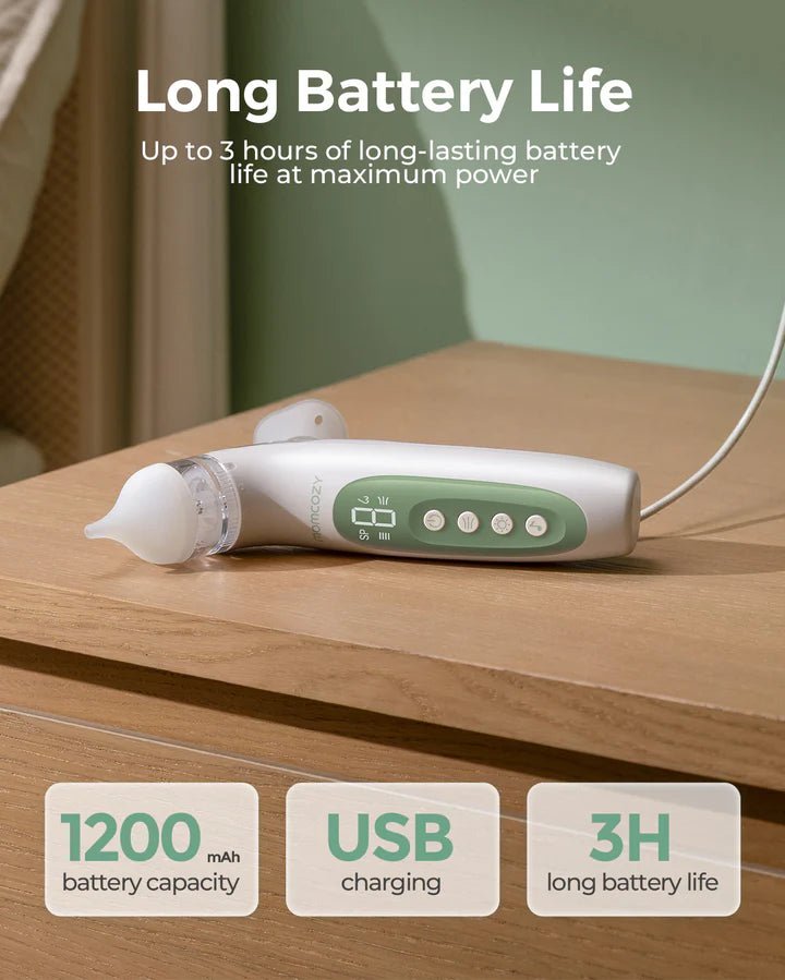 Rechargeable Momcozy BreezyClear electric nasal aspirator with USB charging feature