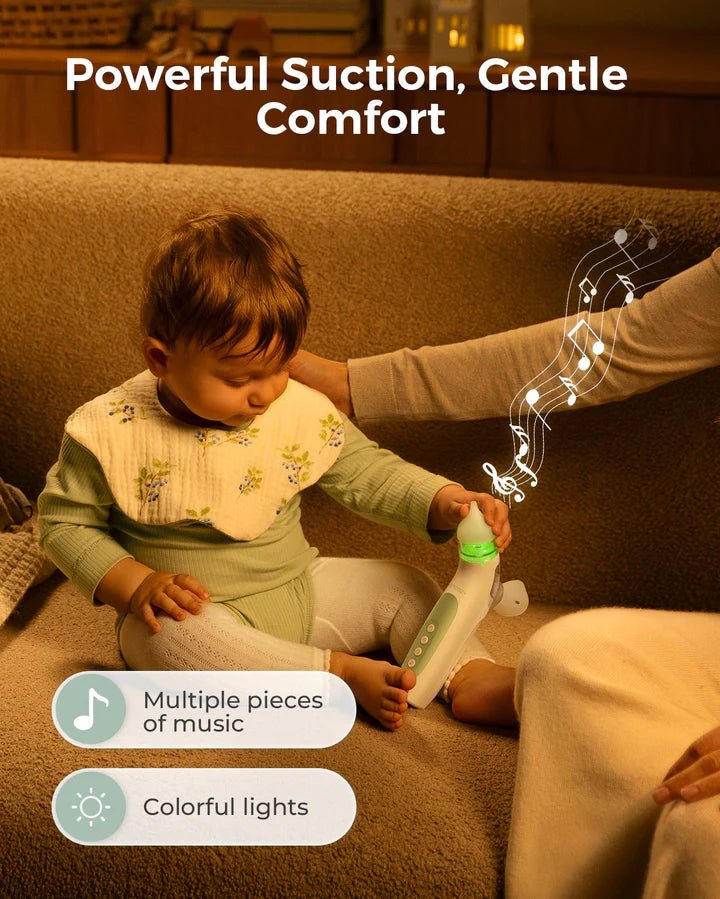 Momcozy BreezyClear nasal aspirator featuring adjustable suction, lights and soothing music