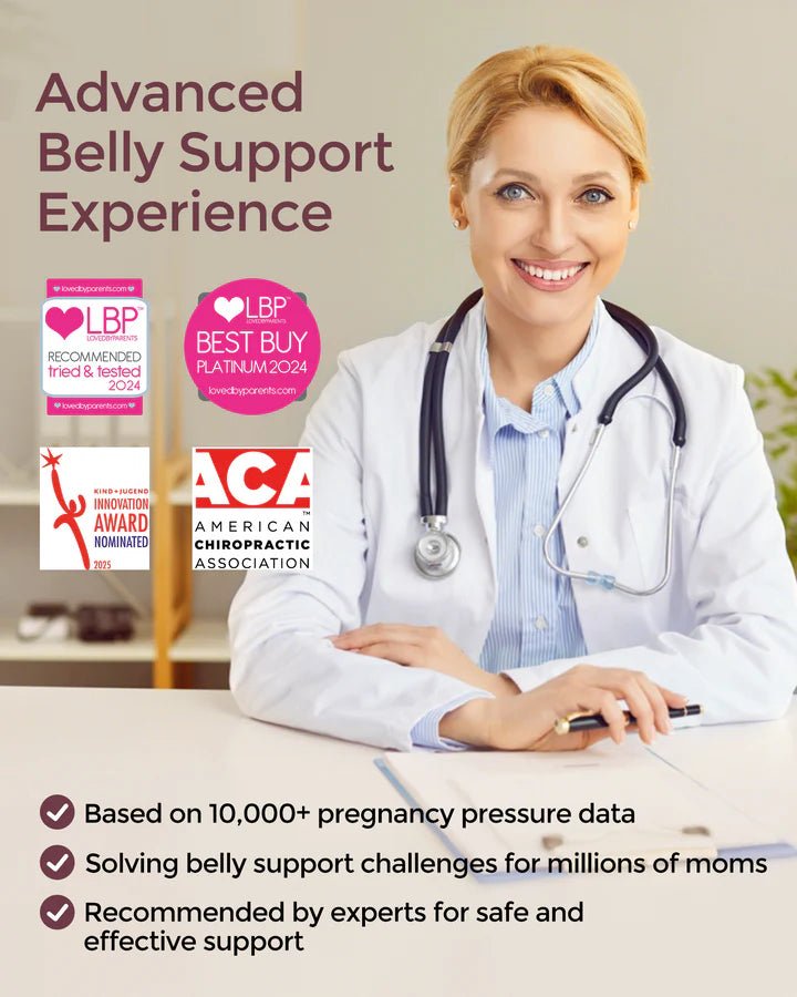 Healthcare professional recommending the Momcozy BumpEase Ergonest Maternity Belly Band for pregnancy support.