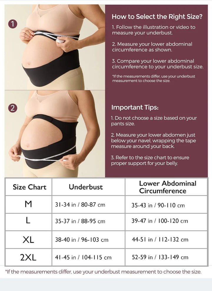Momcozy BumpEase Ergonest Maternity Belly Band size guide with pregnancy measurements for accurate fitting.