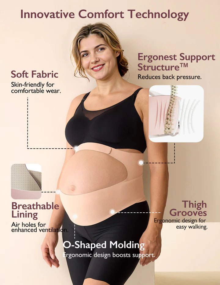 Pregnant woman demonstrating the supportive fit of the Momcozy BumpEase Ergonest Maternity Belly Band.