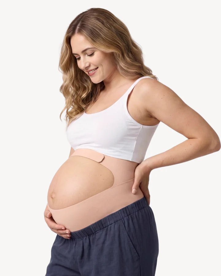 Momcozy BumpEase Ergonest Maternity Belly Band worn by a pregnant woman on a clean white background.