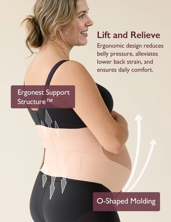 Pregnant woman wearing the Momcozy BumpEase Ergonest Maternity Belly Band for lower back pain relief.