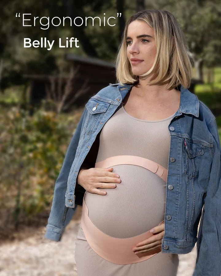 Pregnant woman wearing the Momcozy BumpEase Ergonest Maternity Belly Band for everyday belly and back support.