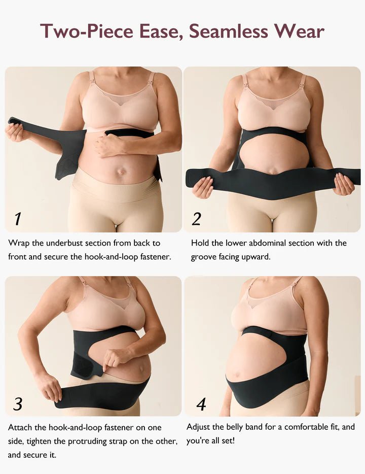 Step-by-step guide showing how to correctly wear the Momcozy BumpEase Ergonest Maternity Belly Band.