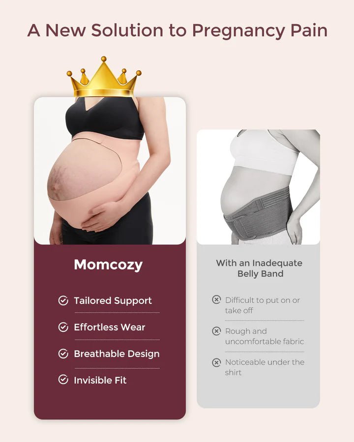 Comparison showing pregnancy comfort with and without the Momcozy BumpEase Ergonest Maternity Belly Band.