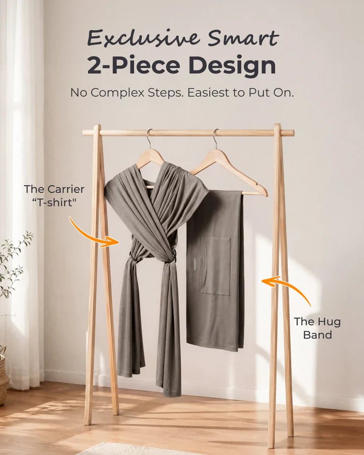 Momcozy Easy to Wear Hands-Free Baby Wrap Carrier components displayed with ergonomic carrier T-shirt design.