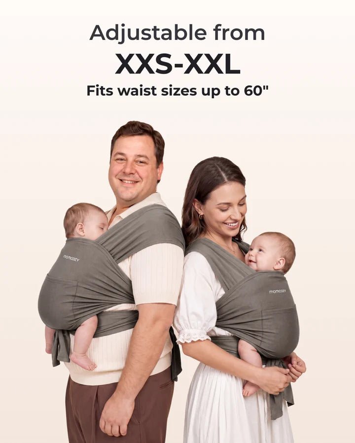 Two adults wearing the Momcozy Easy to Wear Hands-Free Baby Wrap Carrier showing adjustable sizing and fit.