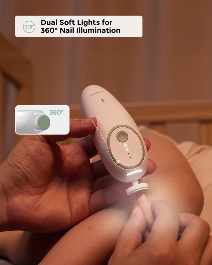Momcozy Electric Baby Nail File with dual LED lights providing safe, precise nail trimming for newborn babies