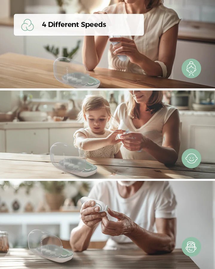 Momcozy Electric Baby Nail File helping parents safely trim baby nails at home with quiet, gentle operation