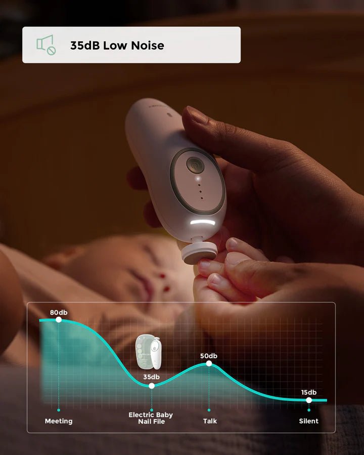 Momcozy Electric Baby Nail File with ultra-quiet 35dB motor allowing safe nail trimming while baby sleeps