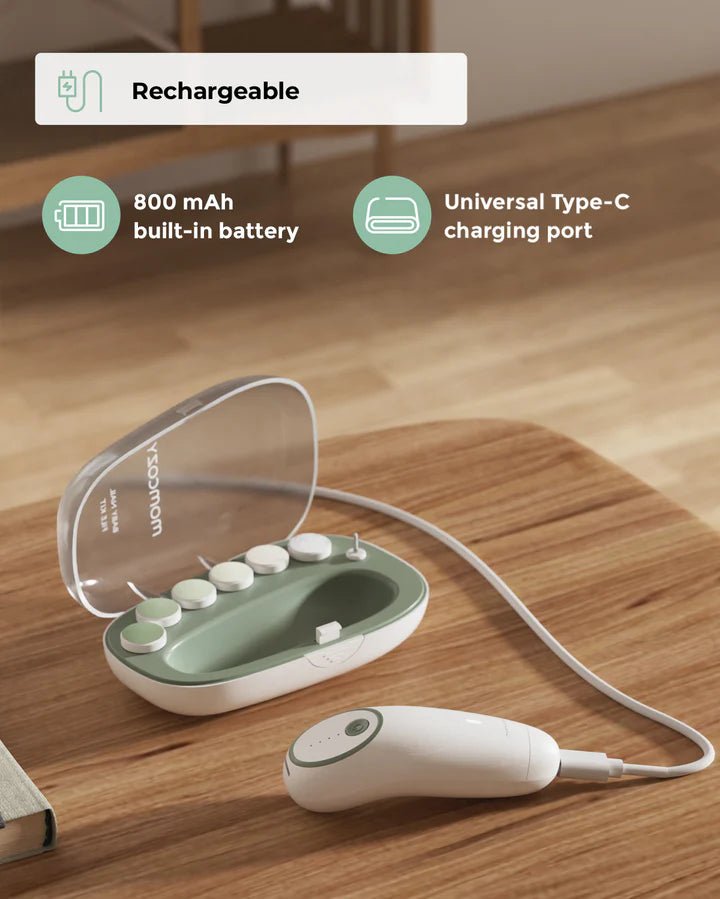Momcozy Electric Baby Nail File with rechargeable design and USB charging cable for safe newborn nail trimming