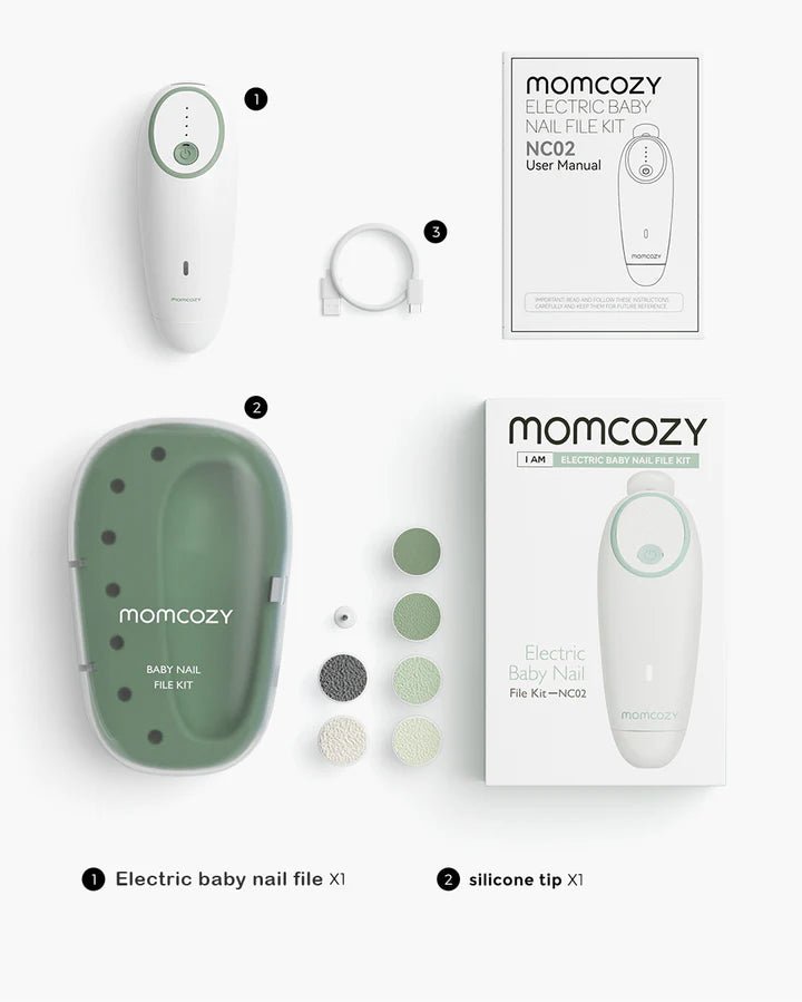 Momcozy Electric Baby Nail File complete kit with storage case and filing pads on white background for baby care