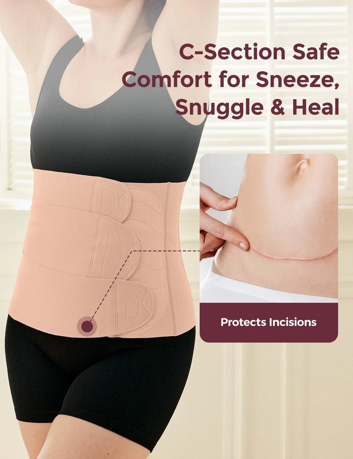 Parent wearing the Momcozy Ergowrap Postpartum Belly Wrap highlighting abdominal support and recovery benefits.