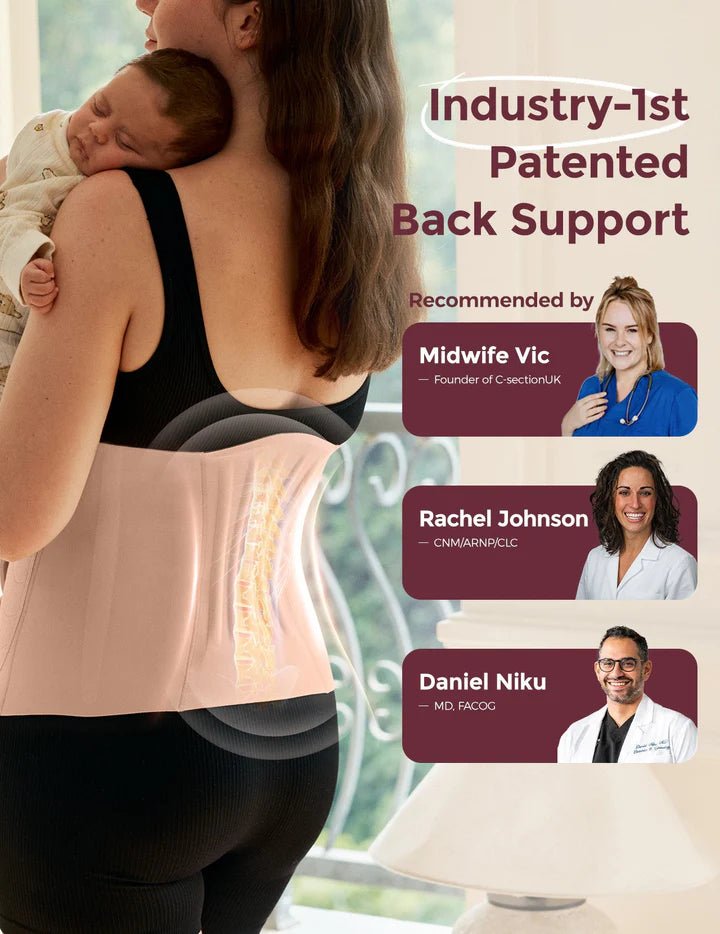 Healthcare professionals recommending the Momcozy Ergowrap Postpartum Belly Wrap for postpartum recovery.