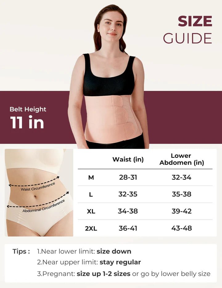 Momcozy Ergowrap Postpartum Belly Wrap sizing guide with waist measurements for the correct fit after childbirth.
