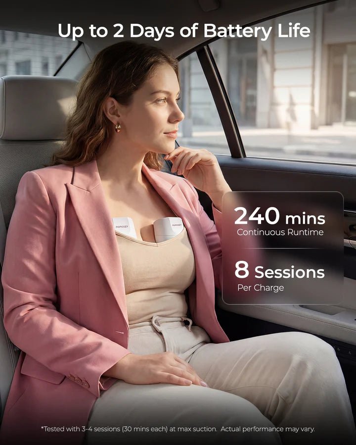 Parent using the Momcozy S12 Pro Quick Hands-Free Breast Pump while traveling with battery information shown.