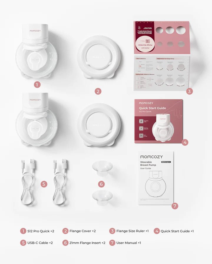 Momcozy S12 Pro Quick Hands-Free Breast Pump kit with accessories and retail packaging on a white background.