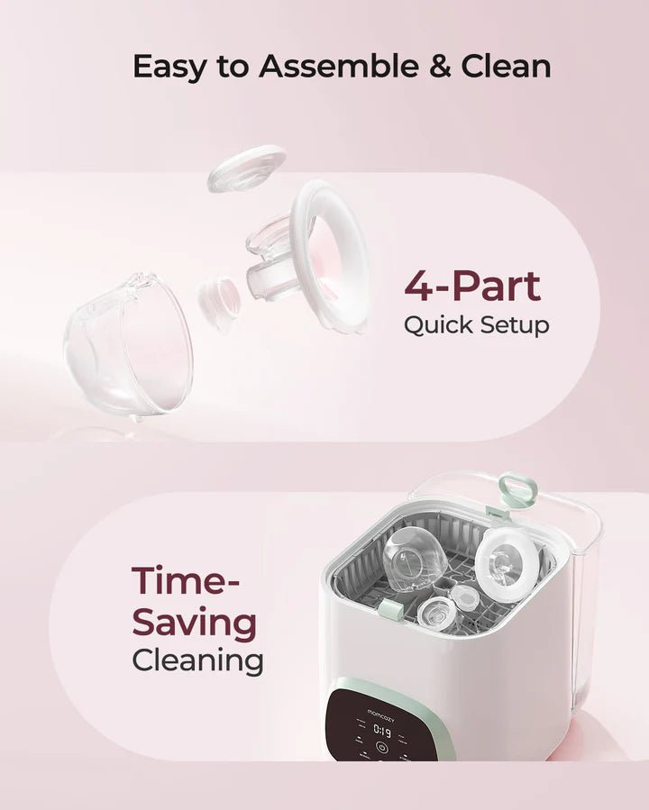 Momcozy S12 Pro Quick product graphic highlighting sterilization and breast pump care information.
