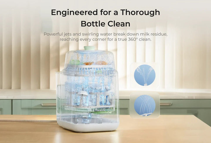 Momcozy KleanPal Pro Baby Bottle Washer and Sterilizer highlighting powerful multi-direction bottle cleaning system.