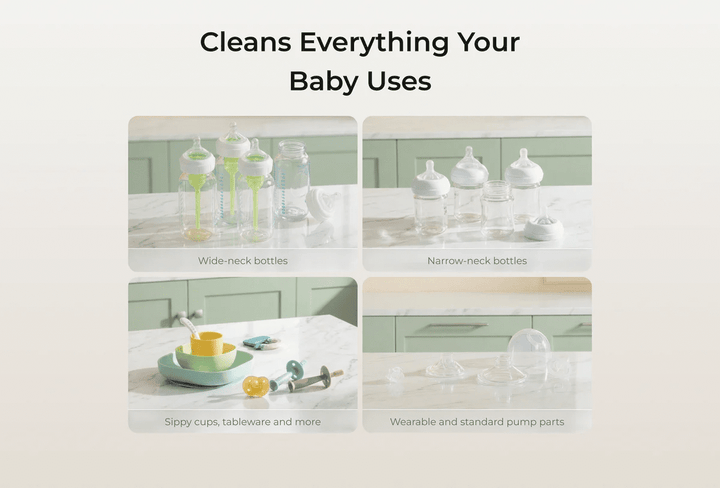 Momcozy KleanPal Pro bottle washer cleaning baby bottles, sippy cups, pump parts, and feeding accessories.
