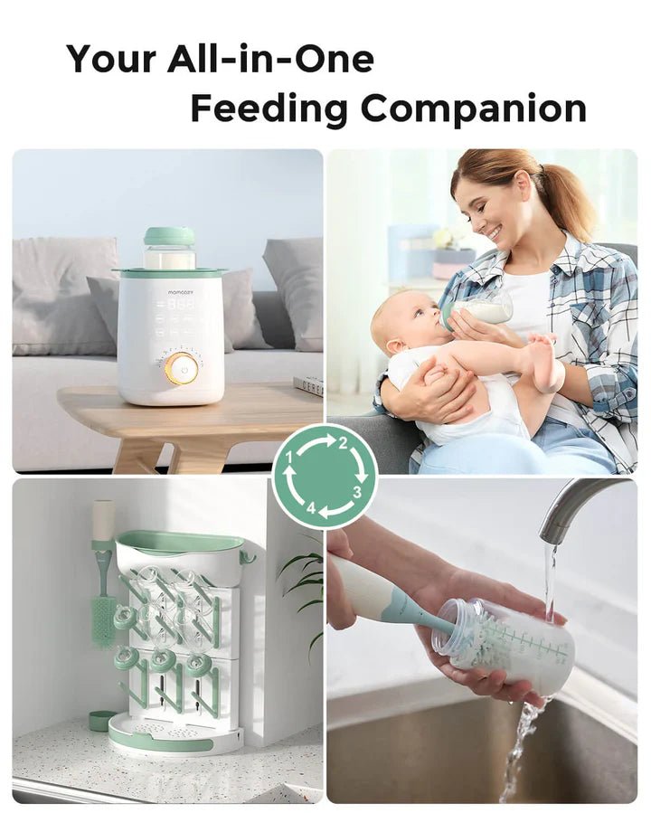 Momcozy Natural Baby Bottle compatible with Momcozy Cooler shown with feeding and bottle cleaning lifestyle images