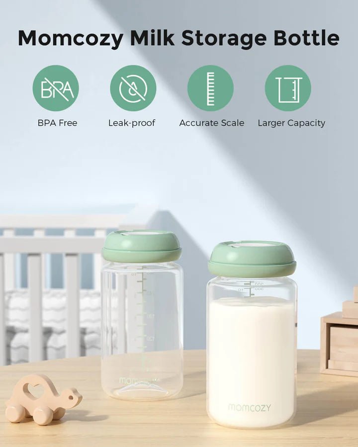Momcozy Natural Baby Bottles compatible with Momcozy Cooler 4-piece set highlighting breast milk storage features