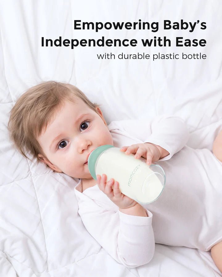 Momcozy Natural Baby Bottle compatible with Momcozy Cooler helping babies drink independently with easy grip bottle