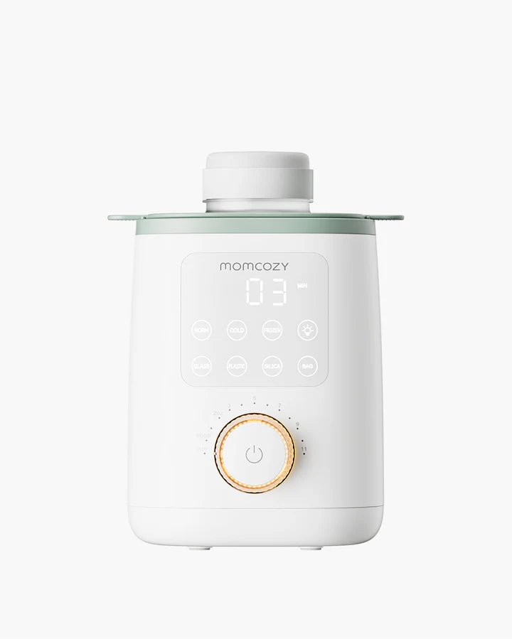 Momcozy Nutri Smart Analog Baby Bottle Warmer front view with digital controls on white background for baby feeding