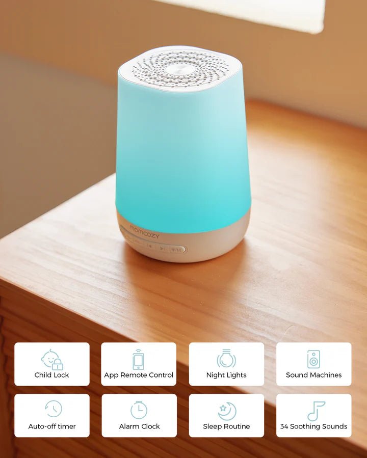 Momcozy Smart Baby Sound Machine highlighting sound machine controls and customizable baby sleep features
