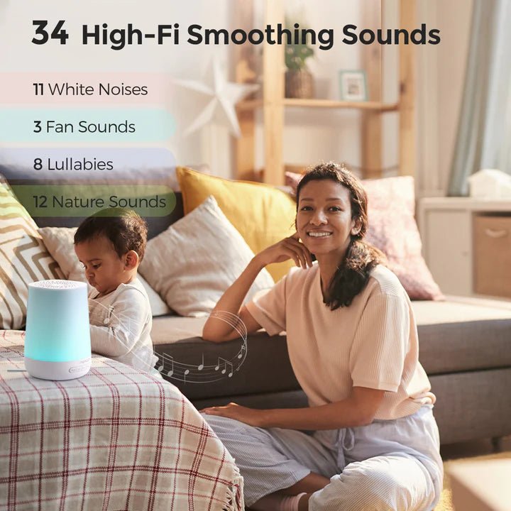 Momcozy Smart Baby Sound Machine with white noise options helping babies and parents enjoy restful, peaceful sleep
