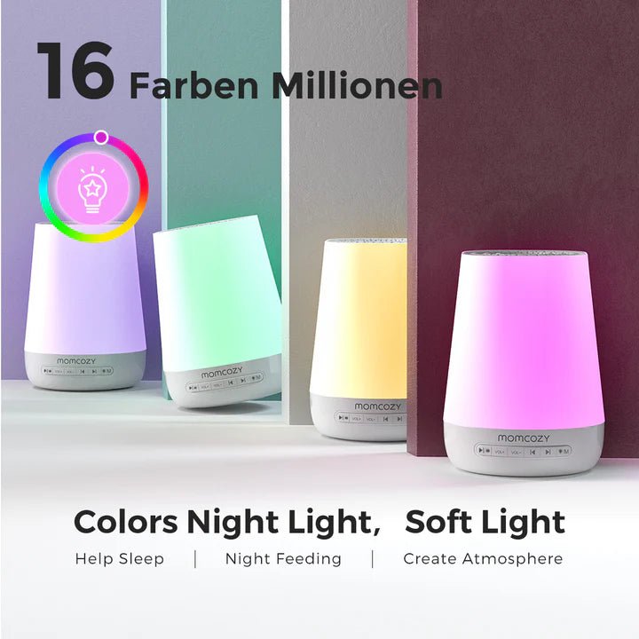 Momcozy Smart Baby Sound Machine featuring multiple night light colors and adjustable lighting for baby sleep routines