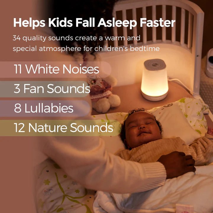 Momcozy Smart Baby Sound Machine helping babies sleep better with white noise, gentle lighting, and calming sounds
