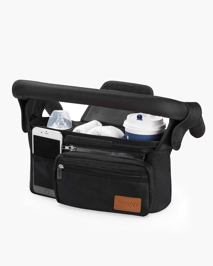 Momcozy stroller organizer with insulated cup holders, phone pocket, snack storage, and universal stroller attachment