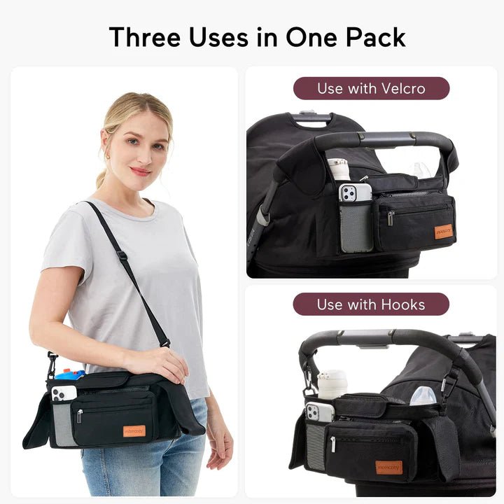 Momcozy multifunction stroller organizer used as stroller bag, car seat organizer, and crossbody travel bag
