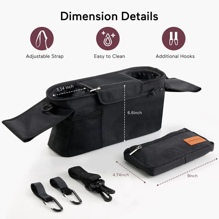 Momcozy stroller organizer dimensions featuring spacious compartments, insulated cup holders, and universal fit design